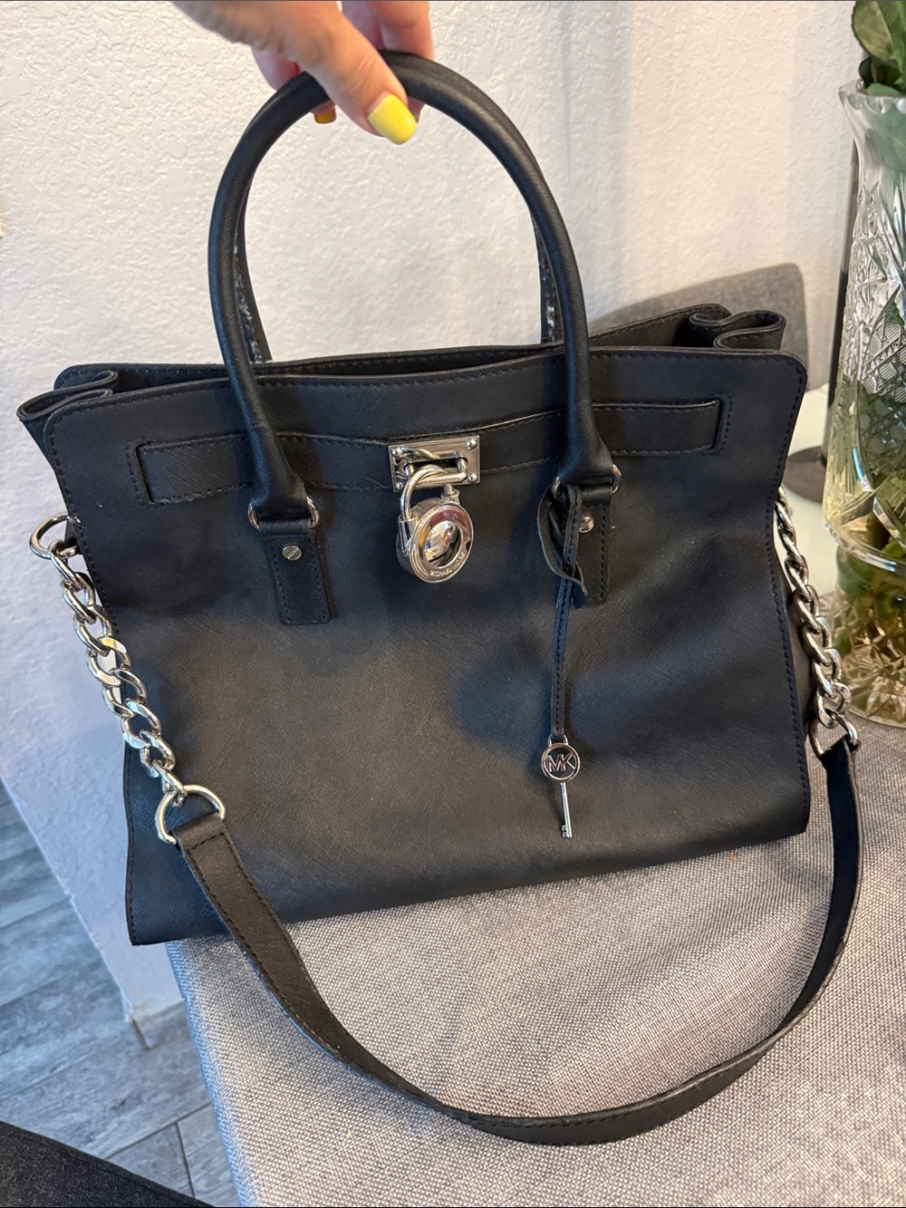 Michael Kors Black Leather Satchel with Silver Chain Accent